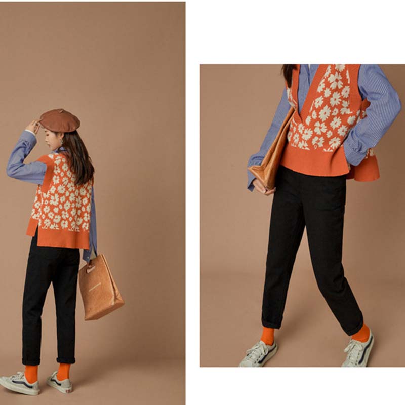 Floral Sweater Vest Women Autumn Winter Fashion Knitted Vest Sleeve Jackets  V Neck Woman Pullover Jumper Girl Sweater Retro English Wind