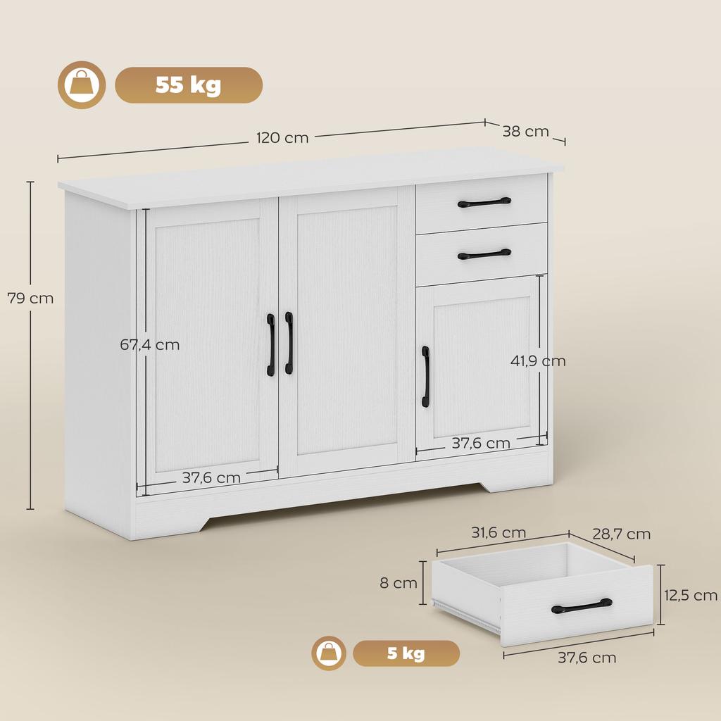 Aparador com 2 Gavetas Armário de Armazenamento Moderno, Armário de Cozinha com Prateleira Ajustável e 3 Portas Branco