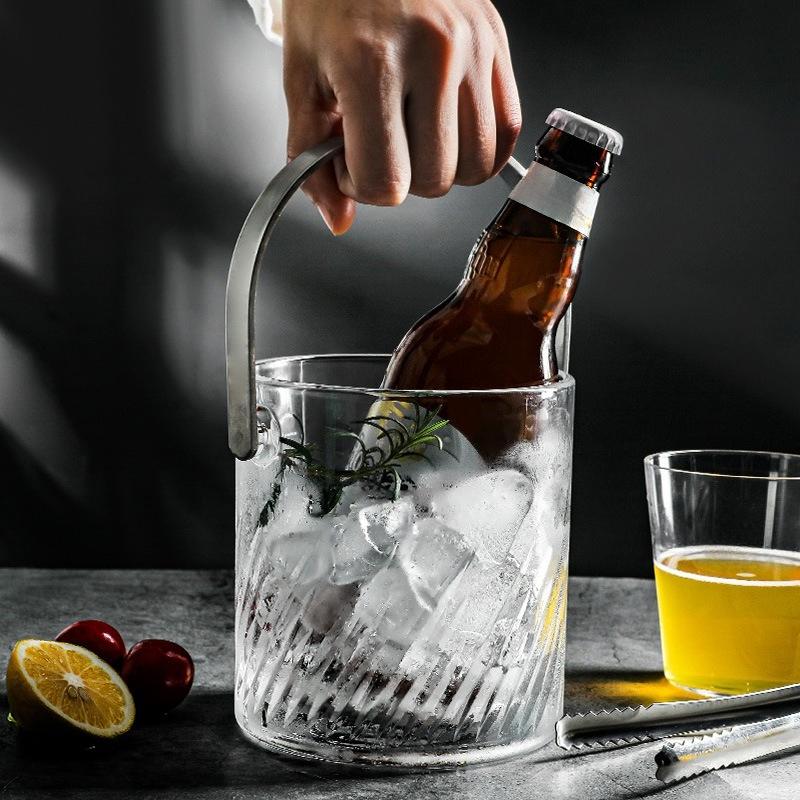 Glass ice bucket, stainless steel handle with ice clip hexagonal ice cube bucket