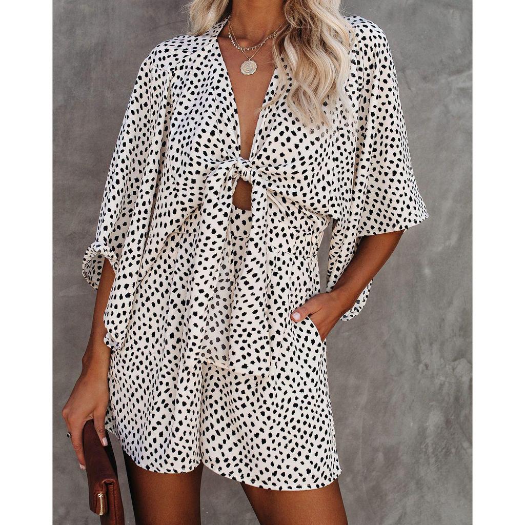 Women Holiday Leopard Print Casual Long Sleeve Depp V Neck Loose Jumpsuit