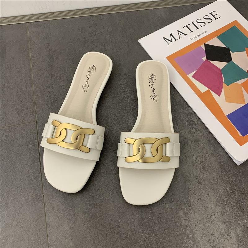 

Fashion metal chains flat heel slippers women flip flops open toe summer slides shoes woman beach sandalias de mujer verano 2025 37 бежевый
