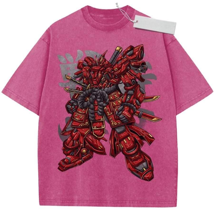 Summer Mens Black Washed T  Shirt Mobile Suit Gundam Red Samurai Mecha Gold Sword High  Quality Fabric for Casual