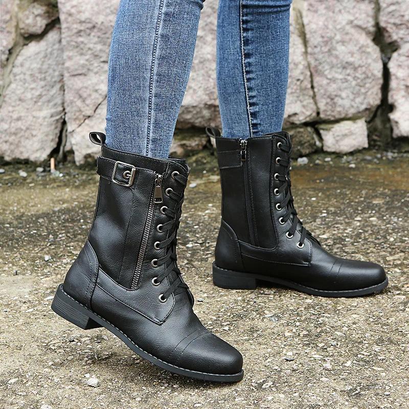 Hot Autumn/winter 2024 New Front Lacing Side Zipper Low Heel Mid-calf Women's Boots Big Size 36-43