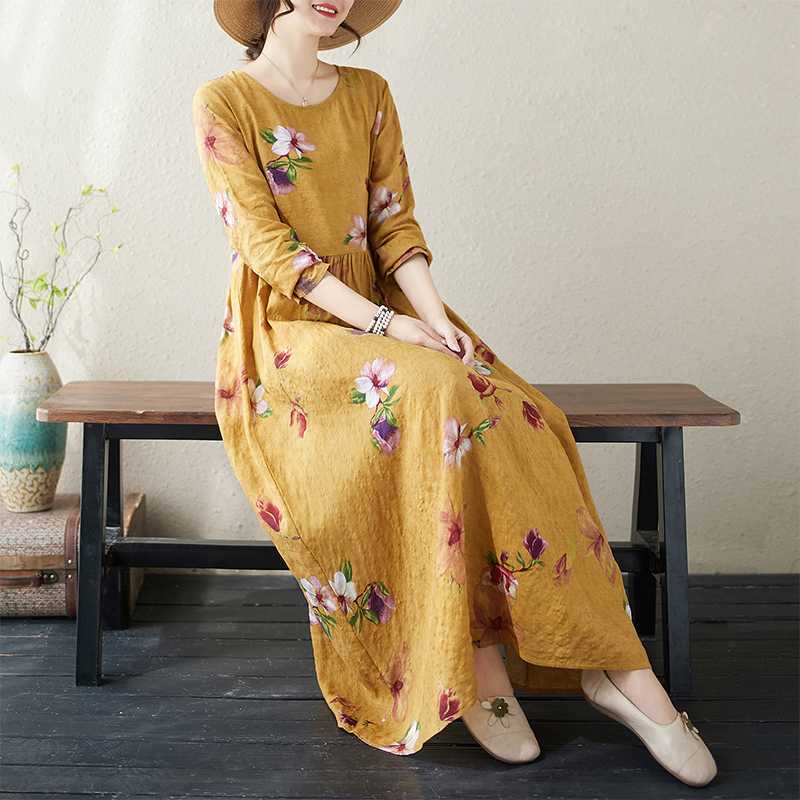 New Color Round Neck Retro Long Skirt Cotton Linen Dress