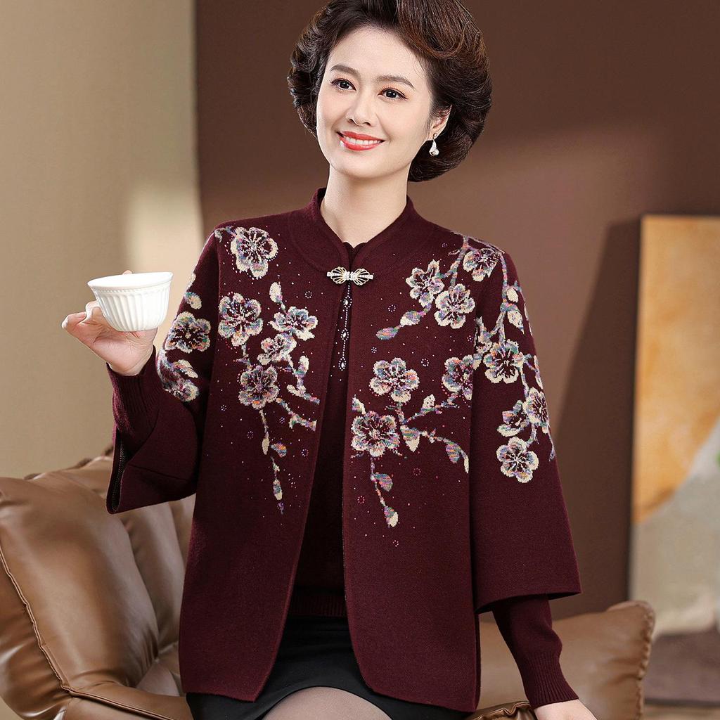 Mother-in-law Style Autumn Knit Cardigan Set for Middle-aged and Elderly Women