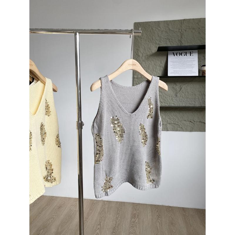 

Women s V Neck Sequin Embellished Knitted Vest Casual Loose Fit Sleeveless Sweater Tank Top Onesize сірий колір