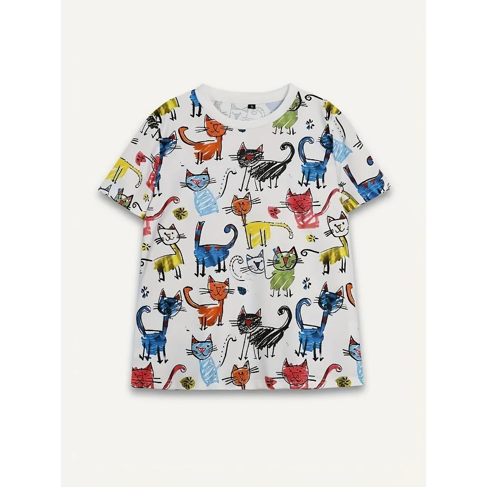 White Colorful Cats Women's Tee - Playful Cat Doodle Graphic, Cute Cartoon Print Design for Casual Daily Wear