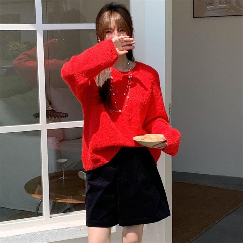 

Autumn and winter new design round neck linked pullover sweater women wear gentle lazy wind knitted sweater top average size червоний