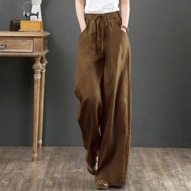 Sixteen Colors Multi-color High Waist Wide-Leg Linen Cotton Korean Style Women's Pants, Spring/Summer, Plus Size, Floor-Length, Straight Leg.
