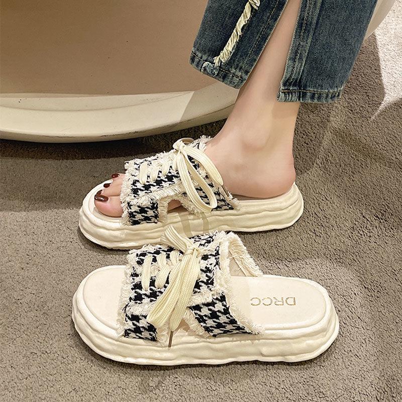 Stepping On Shit Feeling Lace-up Slippers Women's Summer 2025 New Wear Fashionable and Versatile Thick-bottomed Non-slip Casual Cool Slippers