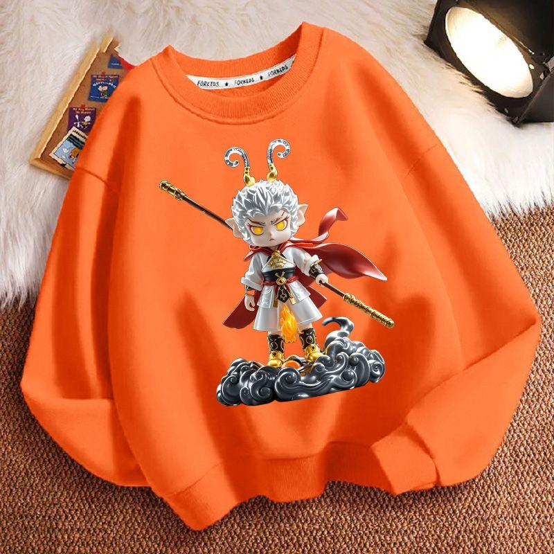 Cute Black Mythological Wukong Round-neck Hoodie for Children, Fashionable Long-sleeved Hoodie for Boys and Girls In Spring and Autumn
