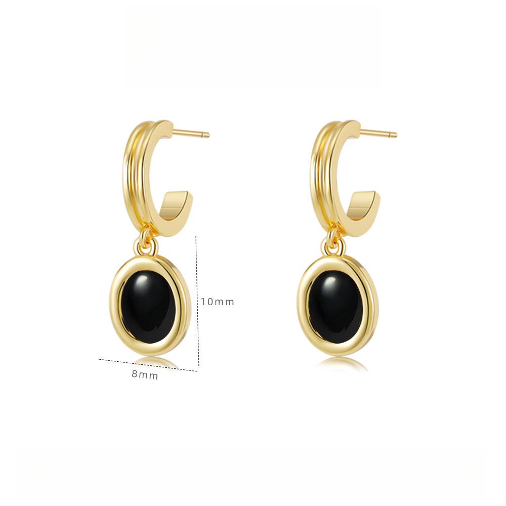 Autumn and Winter Light Luxury Tiger's Eye Stone Oval Earrings Maillard Black Agate Earrings Women's Niche Titanium Steel Jewelry