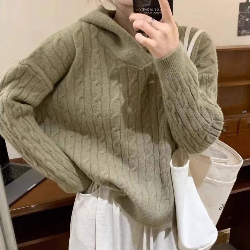 Women's Retro Korean-Style Cable Knit Hooded Sweater - Autumn/Winter Fashion