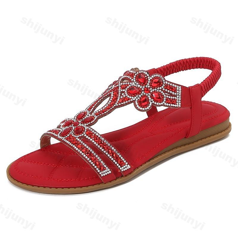 Fashion 2025 New Summer Women's Rhinestone Design Flat Sandals Bohemian Style Comfortable Lightweight hollow Breathable Elegant Shoes