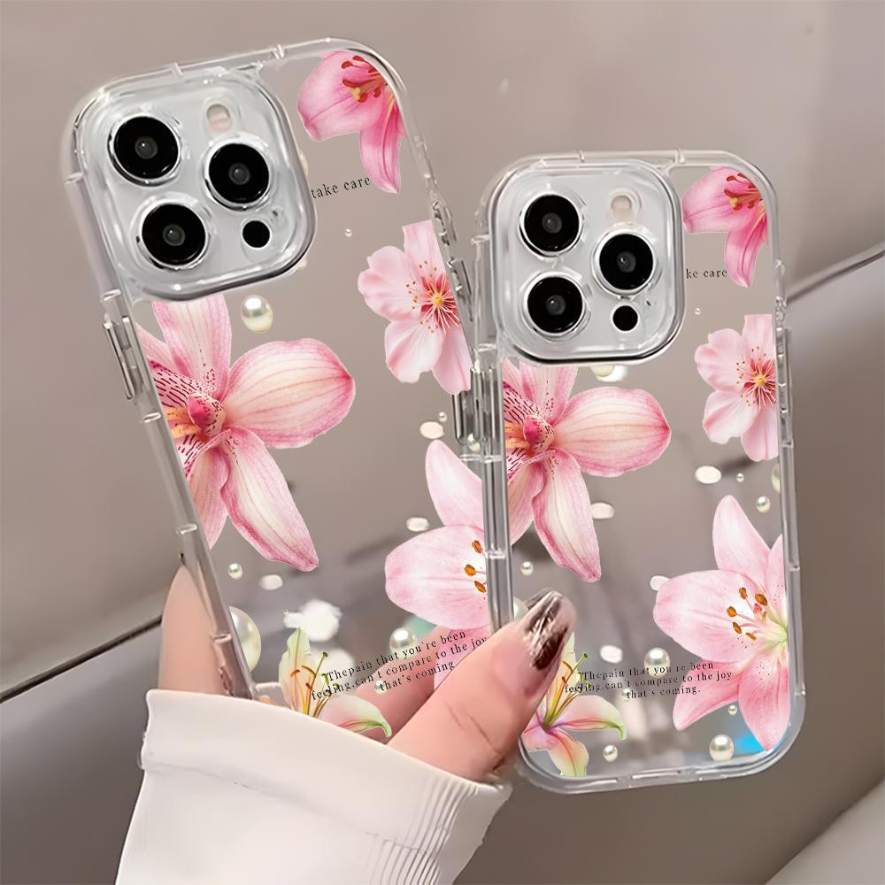 Elegant Pink Lily Flower Pattern Mirror Soft Phone Case For iPhone 17 16 15 14 13 12 11 Pro Max Air X XR XS 7 8 Plus Back Cover