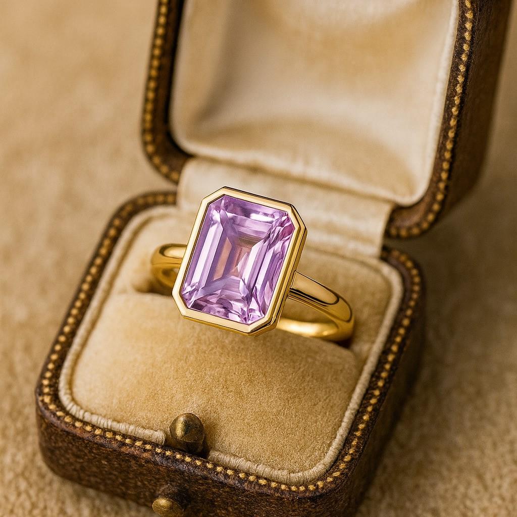 Smaragdgeschliffener Amethyst Solitärring – Gelbgold plattierte Lünettenfassung, Verlobungs-Hochzeits Schmuckgeschenk für Damen