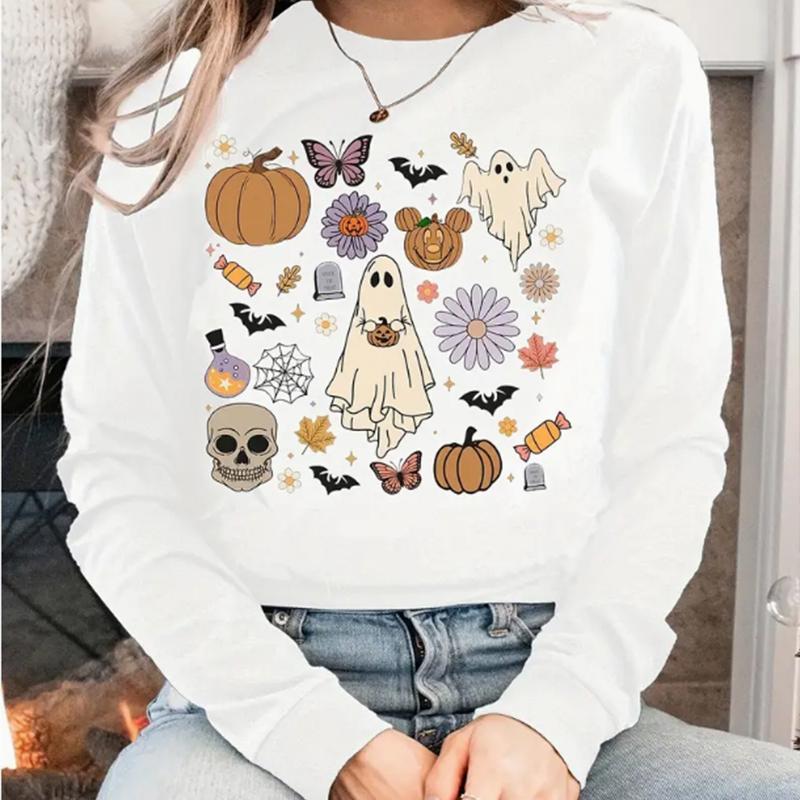 

Топы для женщин Хэллоуин конфеты призрак принт круглый вырез длинный рукав футболка осень повседневный тонкий пуловер женский длинный рукав топ