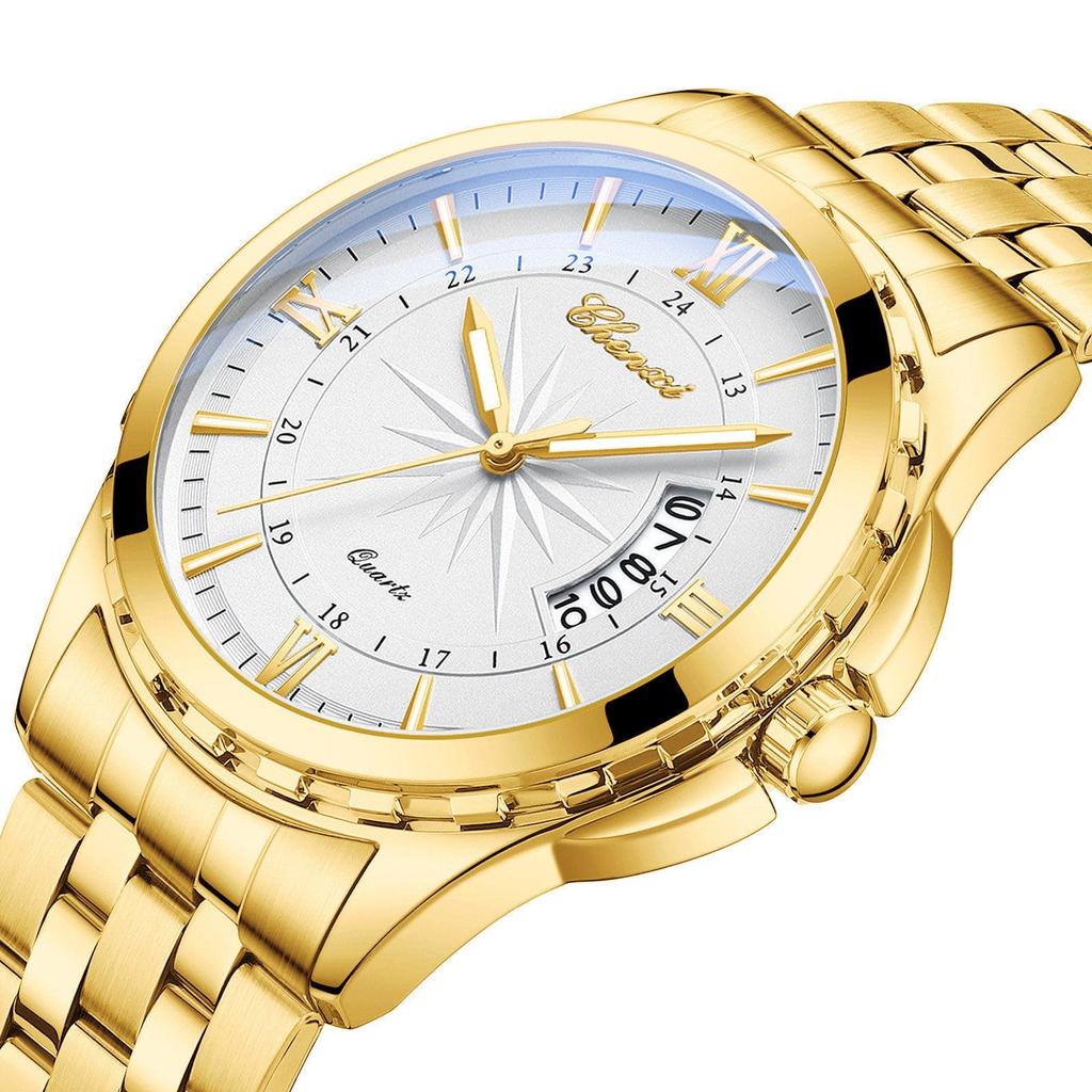 Watch Men Stainless Steel Calendar Gold 3ATM Water Resistant Luminous Analog Display Simple Fashion Quartz Watch Men Fashion Accessory - Birthday