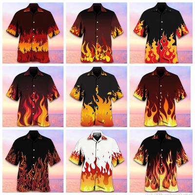 Shirt Summer Men Collar Shirt Flame Print Men Clothing Daily Hawaii Holiday Casual Beach Short-sleeved Fire