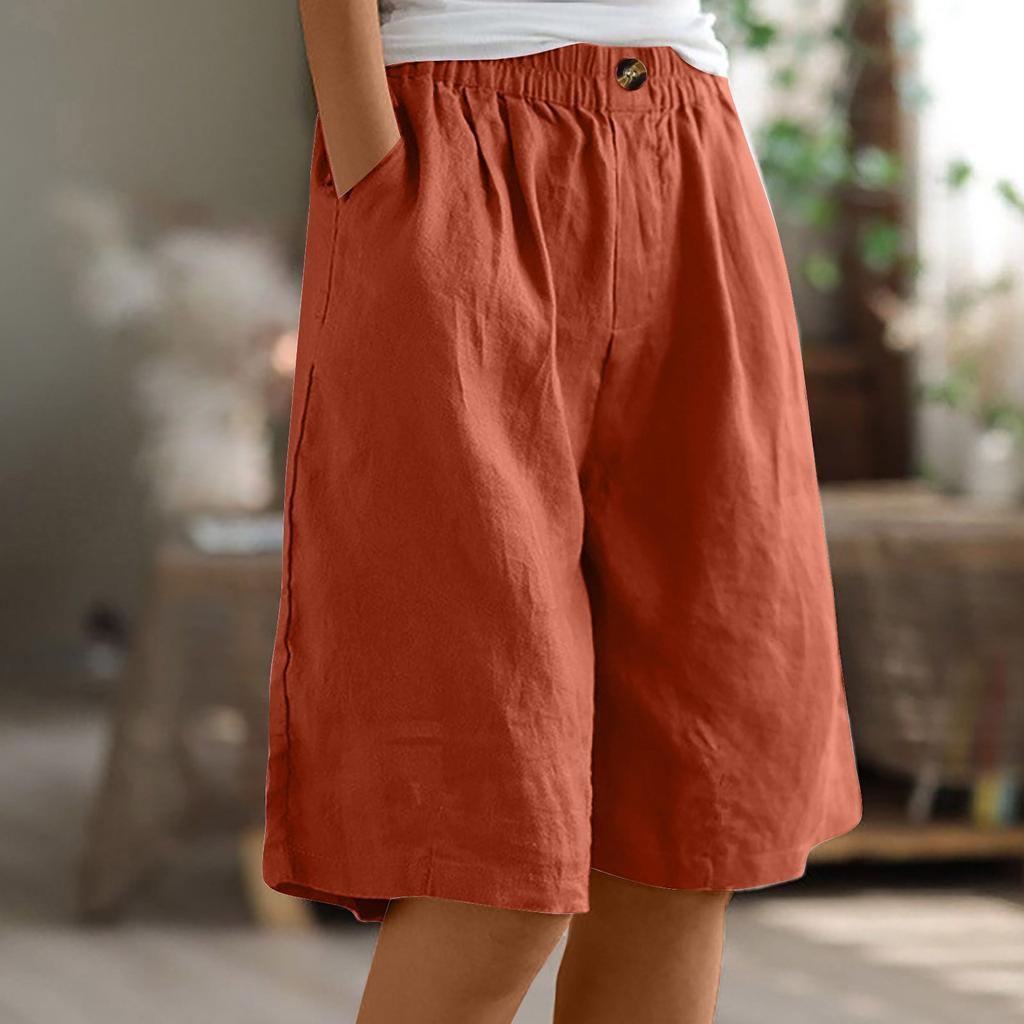Dammode enfärgade byxor Fickknäppning Capris Lös elastisk midja Shorts i bomullslinne