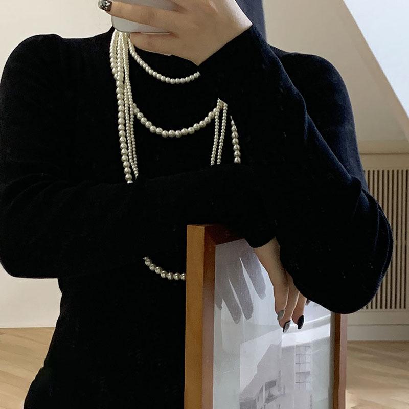French Retro Style Pearl & Glass Bead Pendant Necklace for Women