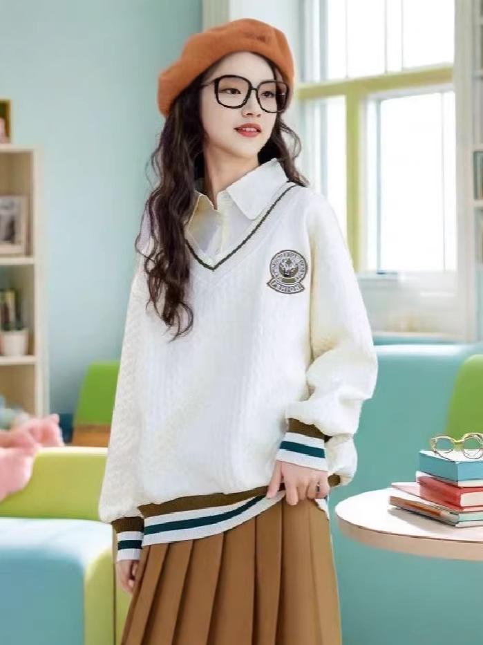 Girls Spring/Autumn 2026 POLO Hoodie: Trendy Medium & Large Two-Piece Children s Fashion Top 120 cm