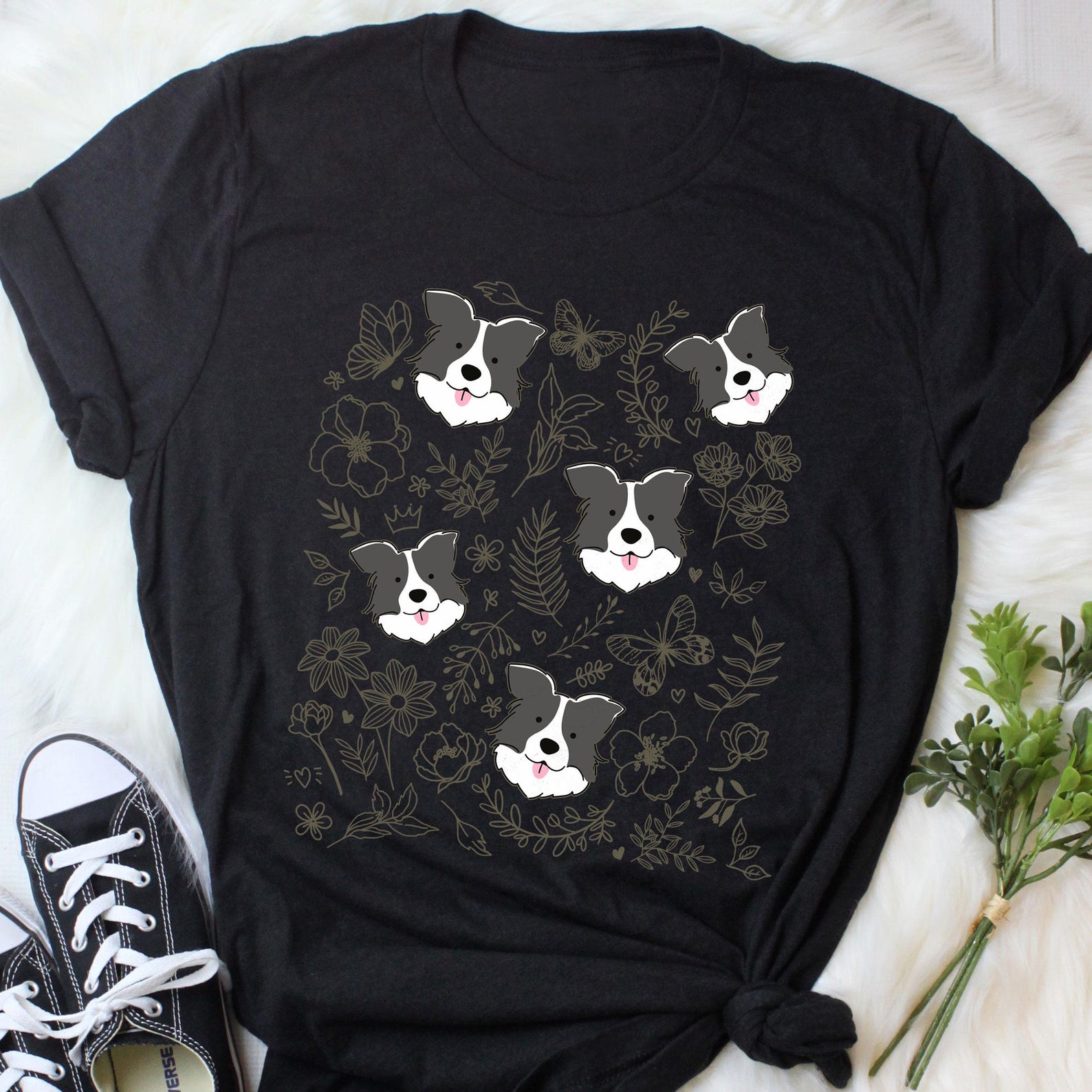 Border Collie Shirt, , , Cute Botanic Flower Doodle T-shirt, Dog Lover Gift, Pet Tee, Border Collie Mom, Dog Dad 100
