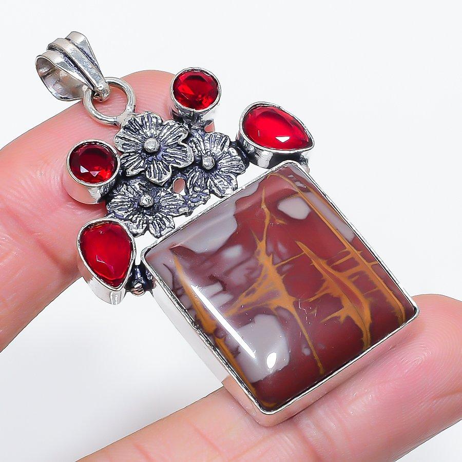 Natural Noreena Jasper, Garnet 925 Sterling Silver Jewelry Pendant 2.25" O3e67