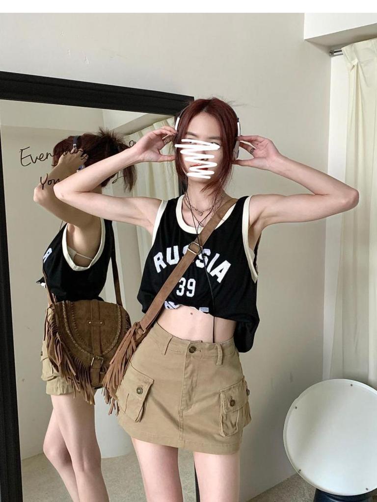 2023 Summer Khaki Denim Workwear Dress: Slimming American Style, High Waist A-Line Midi Skirt