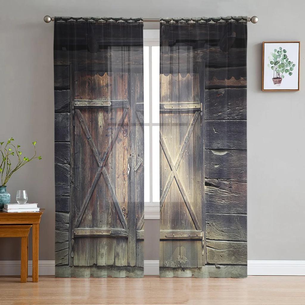 Farm Barn Wooden Door Tulle Curtains for Living Room Print Sheer Voile Curtain Bedroom Window Screening Drapes Blinds Home Decor