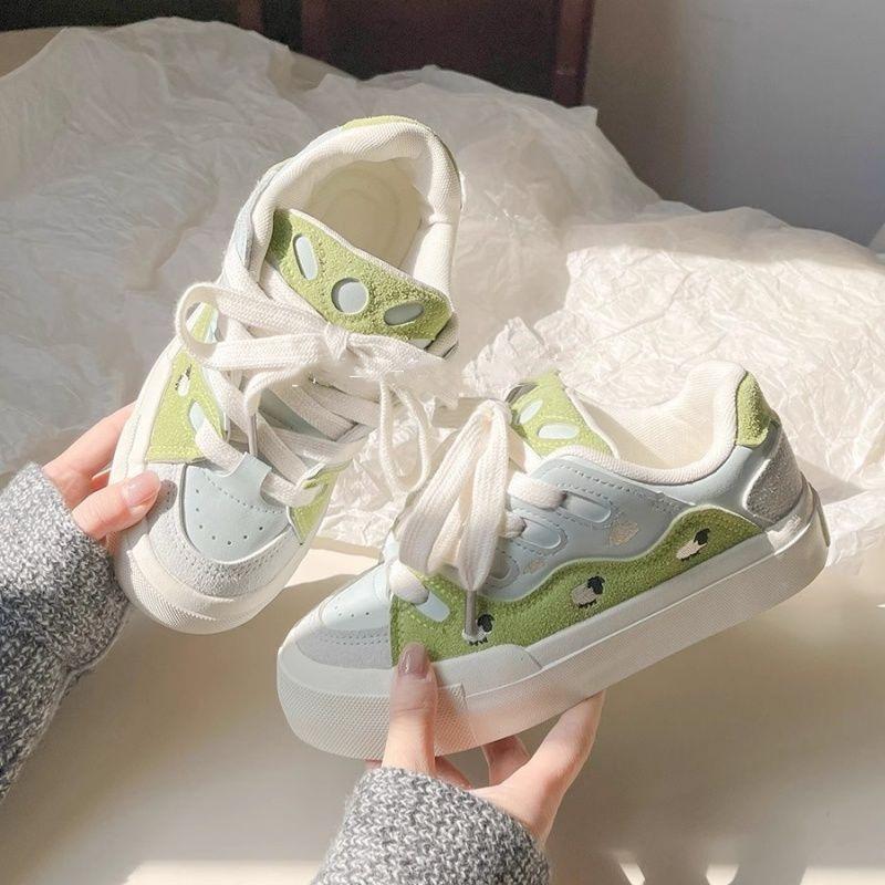 Retro thick baseplate shoes women's spring white shoes student versatile shoes contrasting color splicing bread shoes