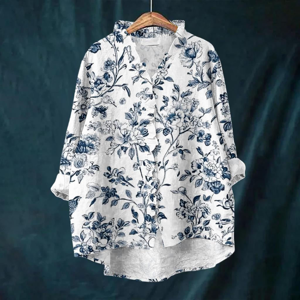 Women's Loose Ruffled Floral Print Stand Collar Long Sleeve Cotton And Linen Top