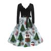 Women's Fashion Elegant Autmn and Winter Long Sleeve V-Neck Christmas Print Dress
