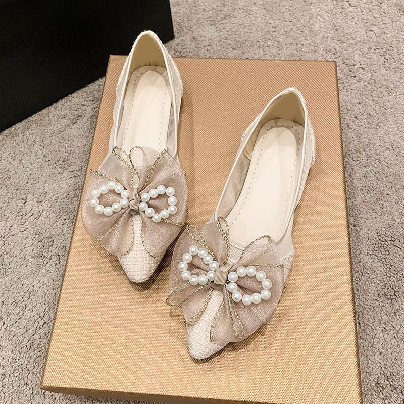 Fashion Summer Pointed Toe Pearl With Bow Mesh Breathable Shoes for Women 2025 Quick Delivery Chic and Elegant Comfortable Woman Flats