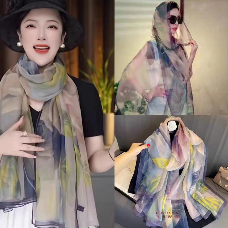 Women's Long Printed Silk Scarf - Ultra-Thin, All-Season, Middle-Aged Mother Style