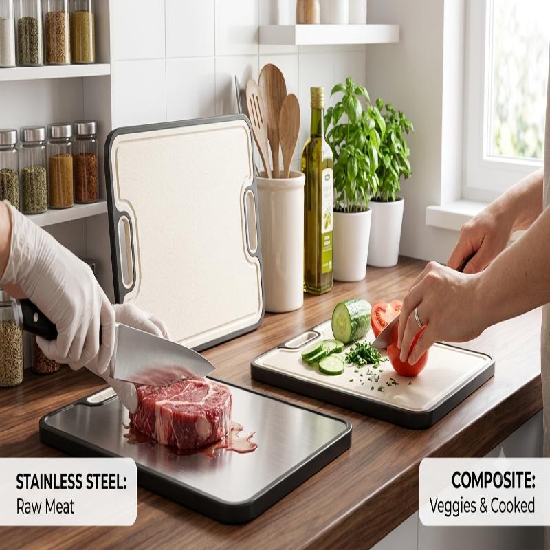 Food Grade Double Sided Cutting Board Antibacterial Stainless Steel Wheat Straw Portable for Picnic Outdoor Camping Cooking