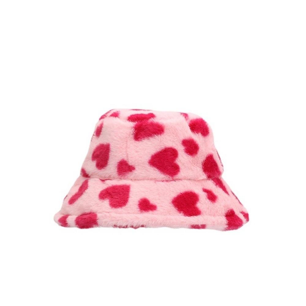 Sweet Faux Fur Plush Fisherman Hat Thicken Warm Love Heart Bucket Hat Korean Style Fluffy Winter Plush Hat Winter