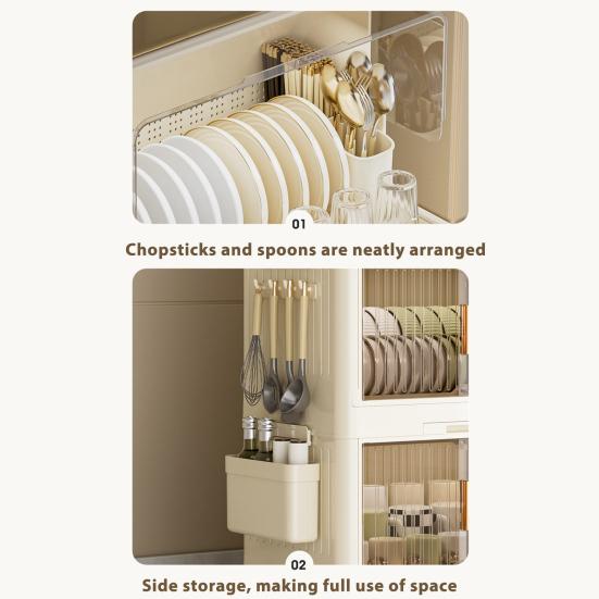 Stackable Tableware Storage Box Multi-Tier Dinnerware Organizer with Clear Lid Doors Hooks Dishes Plates Cups Storage Bins with Drainage Tray