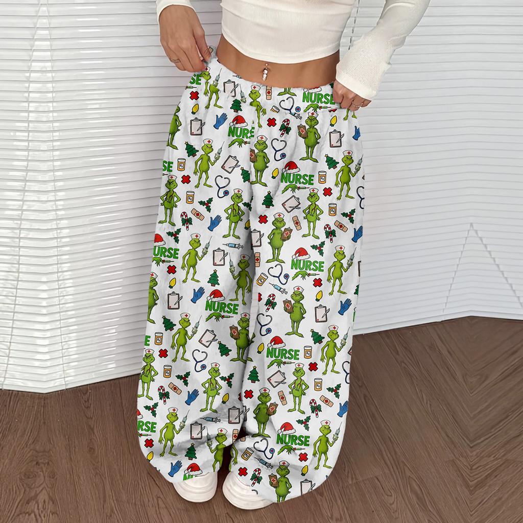 Women's Casual Christmas Print Elastic Waist Loose Fit With Plush Wide Leg Pants