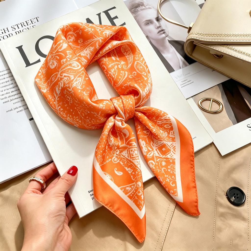 Commuter elegant flower silk scarf women's contrasting color retro printing satin scarf shirt with multi-purpose decorative small scarf