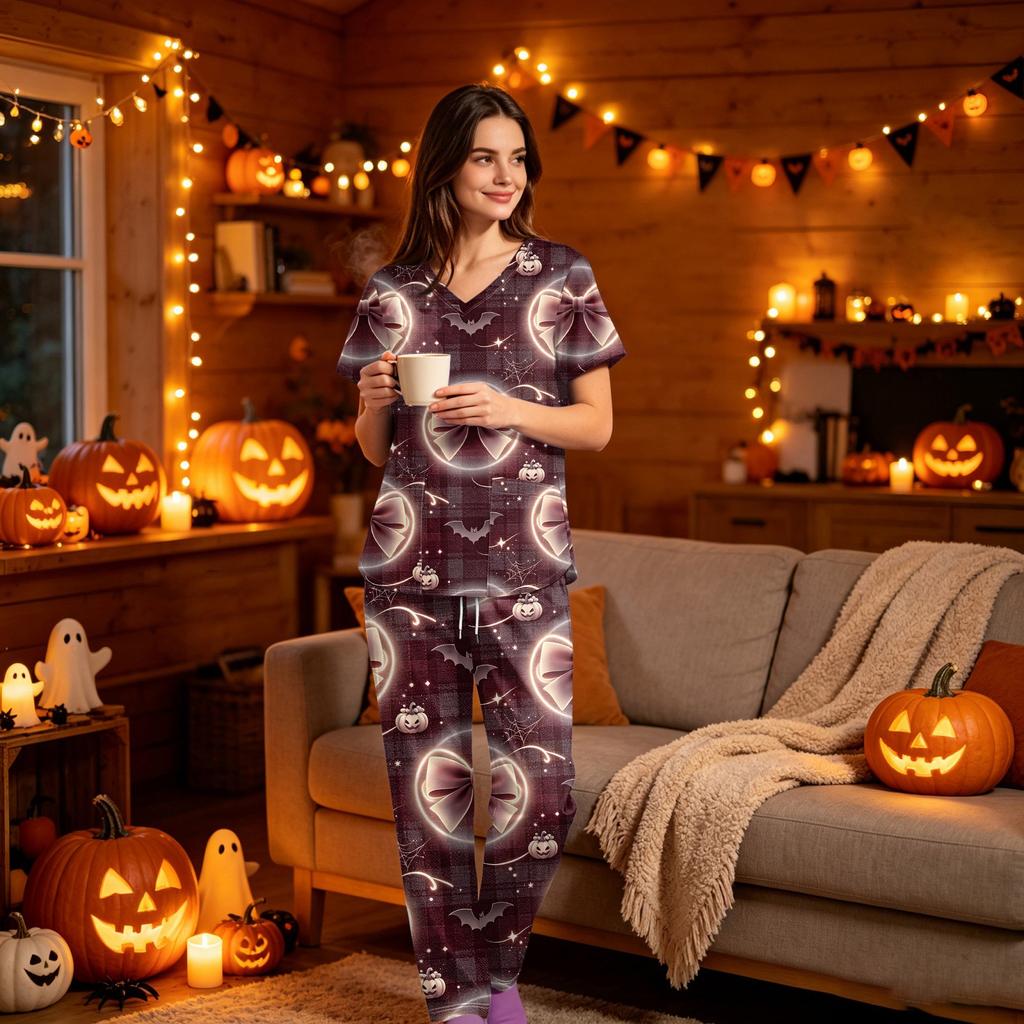 Women's V-Neck Short Sleeve Scrub Set with Pockets, Halloween Print 2-Piece Uniform for Work