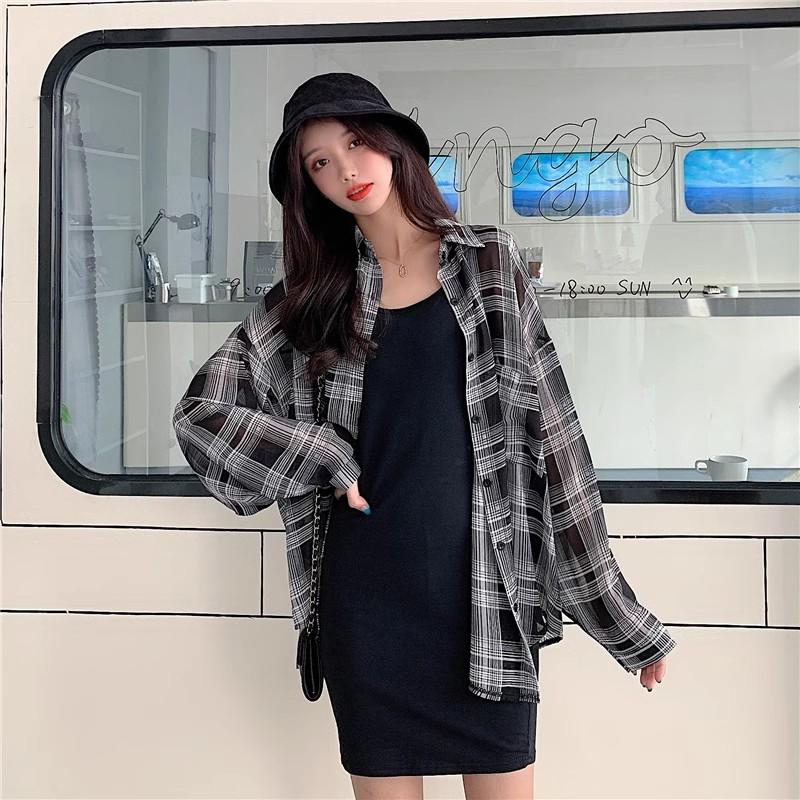 Summer Women's Plaid Ice Silk Shirt Thin Outerwear Cover Up Sun Protection Top Long Sleeve Mid Length Other Material 100%