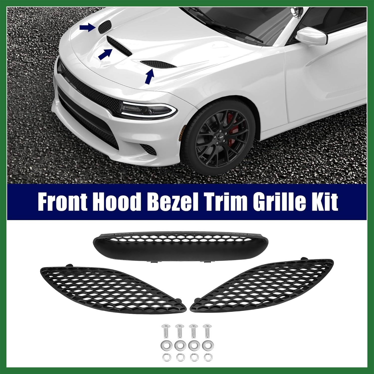 Motoforti Front Hood Bezel Vent Trim Hood Scoop Grille Kit for Dodge Charger 2015-2020 Replacement for 68202462AD 68202581AC 68202580A Long-lasting