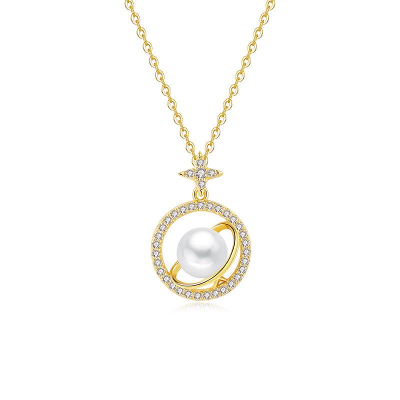 Korean Japanese S925 Sterling Silver Necklace with Star, Moon, and Freshwater Pearl Pendant for Women - Fashionable High-End Clavicle Chain. 925 Sterling Silver