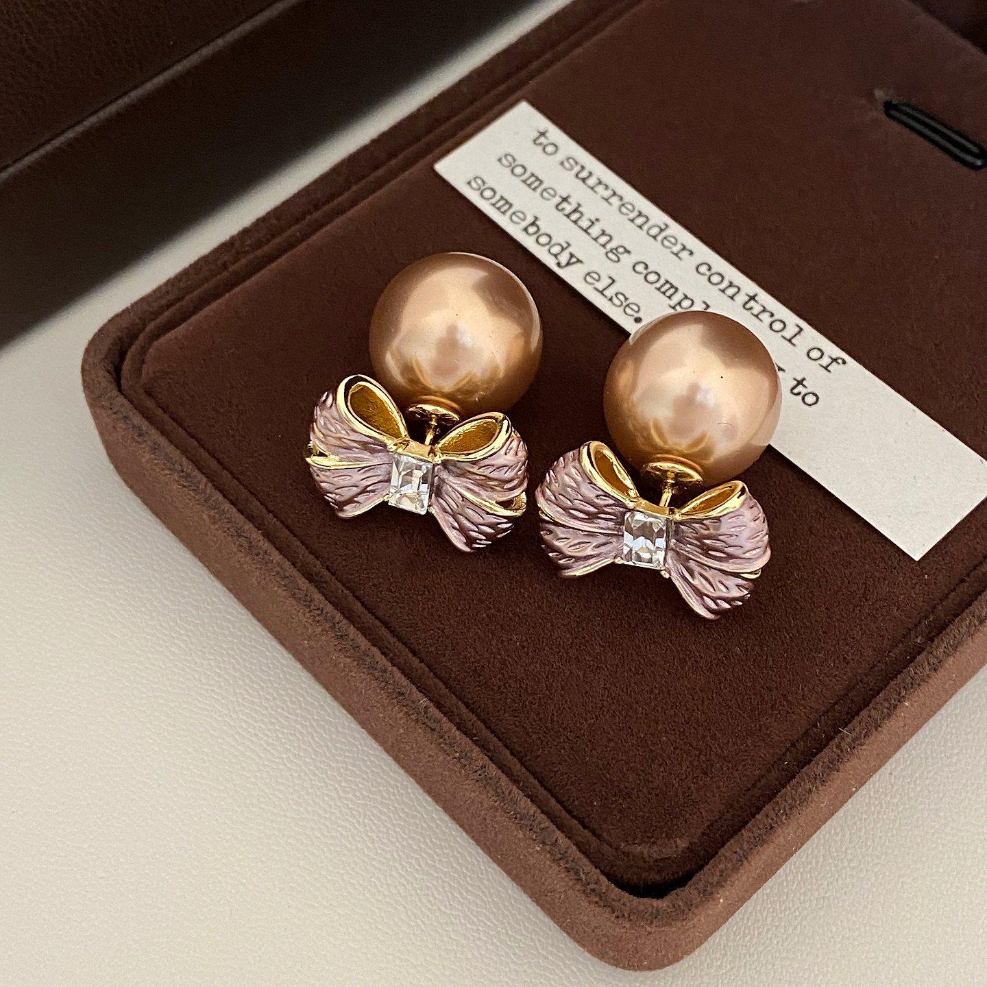 French Style Beaded Champagne Bowknot Pearl Earrings - Elegant Luxury Studs