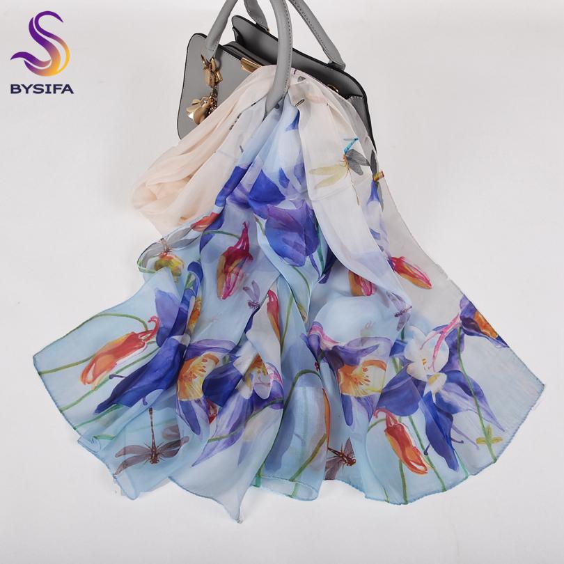 [BYSIFA] Bean Green 100% Silk Chiffon Hijab Scarf Ladies Brand Long Scarf Beach Shawls Autunm Winter Women Floral Design Scarves