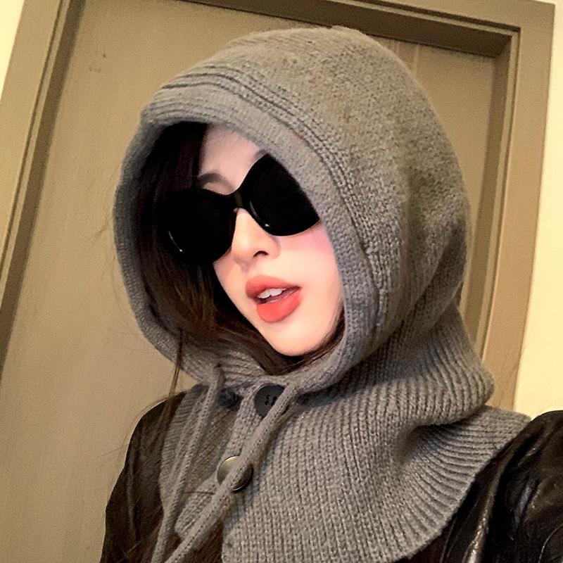 Korean Balaclava Hat for Women Winter Warm Hooded Scarf One Piece Knitted Woolen Hat Ear Protection Pullover Hat