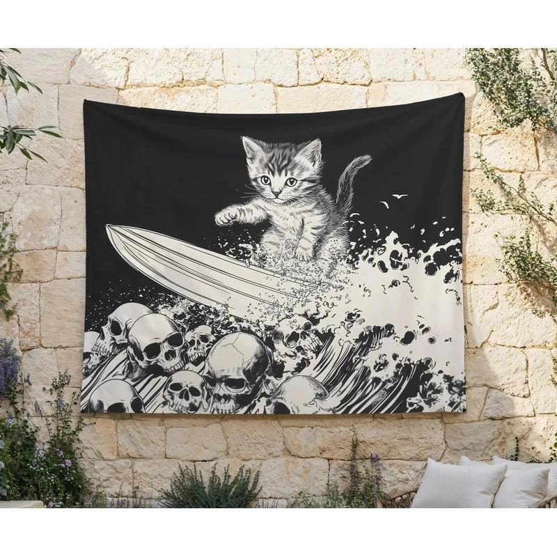 VIKAMA Hardcore Heavy Metal Kitten Tapestry Skull Surfing Cat Wall Art Funny Decorative Hanging for Living Room Home