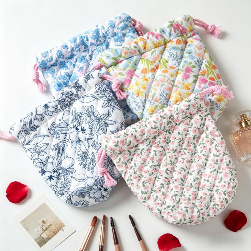 Women Drawstring Cosmetic Bag Floral Makeup Bag Travel Portable Toiletry Beauty Case Storage Make Up Organizer Bag