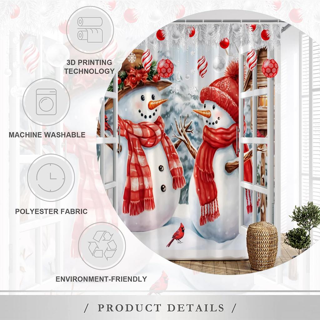 Christmas Shower Curtain Snowman Xmas Tree Farm Barn Truck Red Bird Snowflake Winter New Year Decor Bathroom Curtains Set with Hook 70X70 Inch